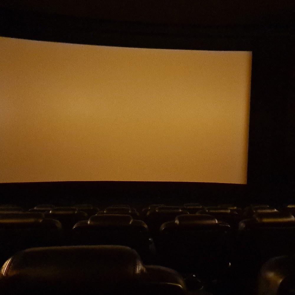 Empty movie theatre with a blank screen.
